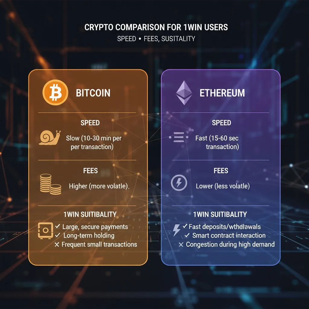 Side-by-side comparison graphics for Bitcoin and Ethereum, illustrating their differences in speed, fees, and suitability for 1win crypto users.