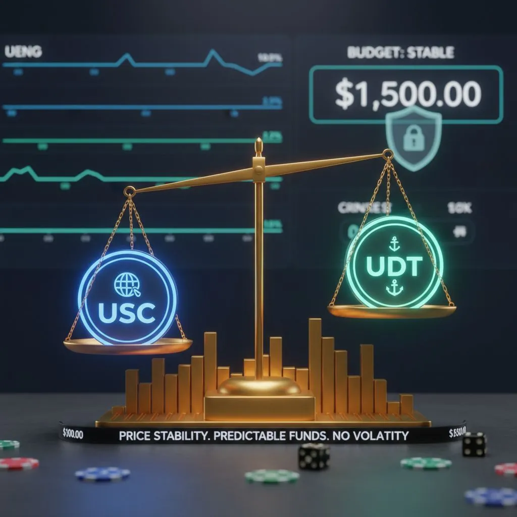 Visual representation of stablecoins (USDT, USDC) symbolizing price stability and predictability for budgeting in online gambling.
