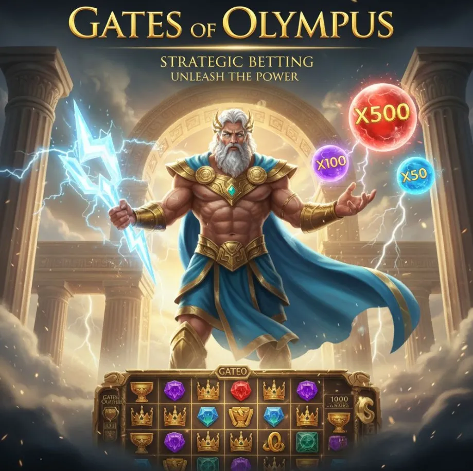 A visual representation of betting strategies for Gates of Olympus, showing icons for "Ante Bet," different bet sizes, and perhaps a multiplier symbol, illustrating how players adjust their approach.