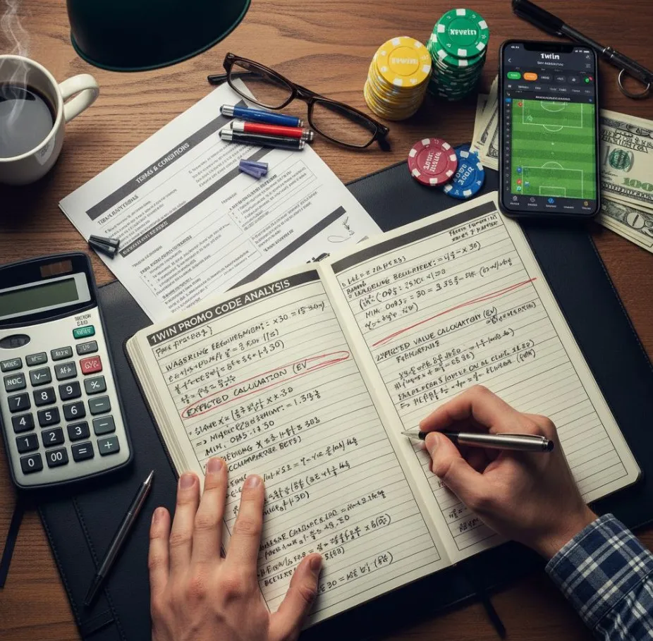 calculating the real return of a 1win promo code, showing a calculator, bonus percentages, wagering requirements, and money bags, illustrating the conversion of bonus funds to real cash.