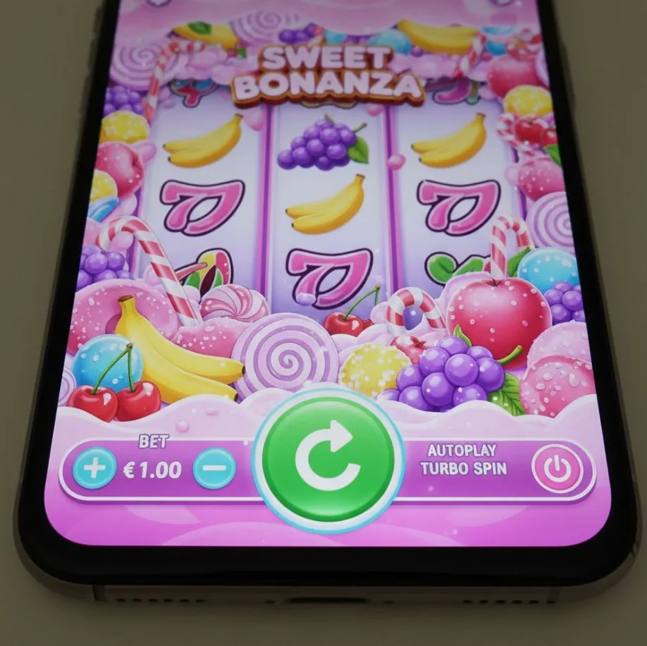 Close-up of the Sweet Bonanza slot game interface on a screen, highlighting the spin button and bet adjustment controls.