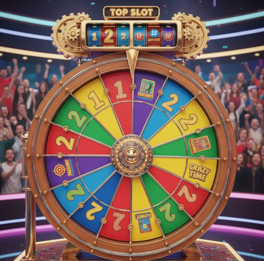 Close-up of the Crazy Time main money wheel with its 54 segments, clearly showing number payouts (1, 2, 5, 10) and the four bonus game sections, with the Top Slot above it. 